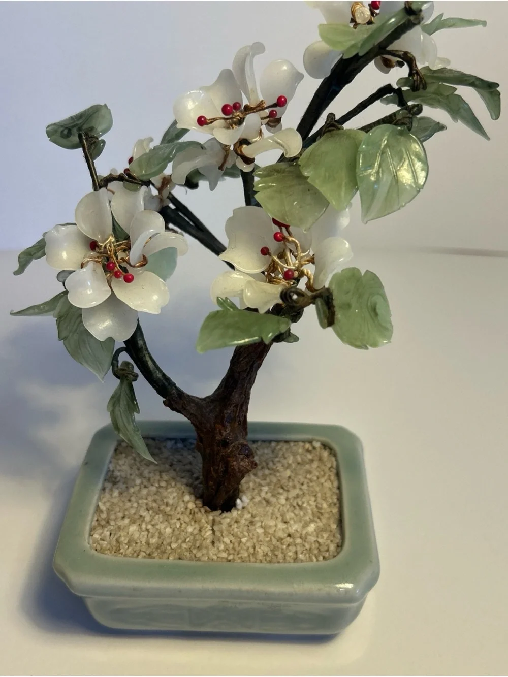 White Jade Blossom Bonsai in Pale Green Planter - Brand Unknown